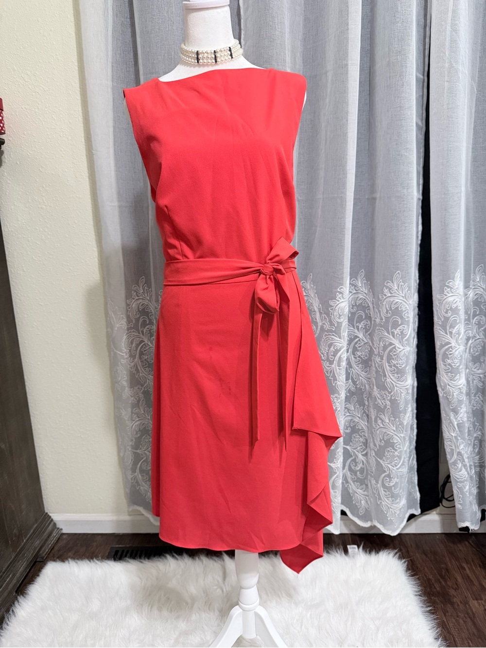 Alex Marie Coral-Red Sleeveless Midi Dress with Waist Tie